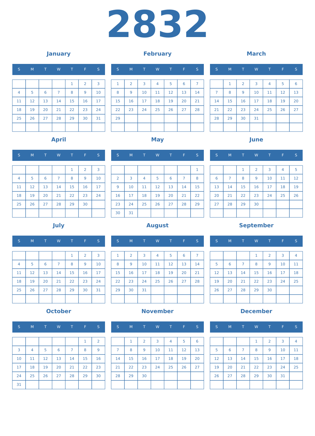 Printable 2832 Year Calendars blue
