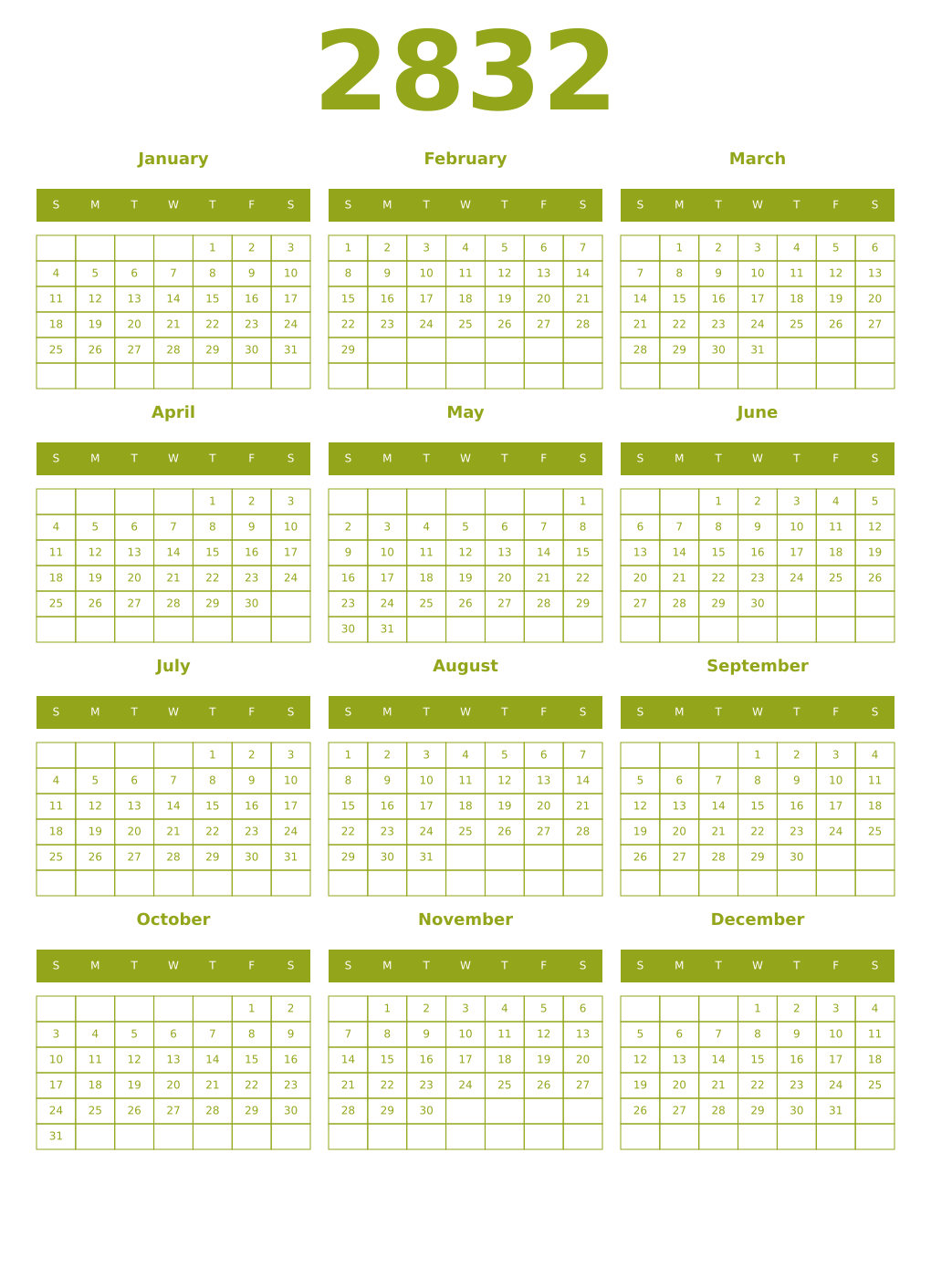 Printable 2832 Year Calendars chartreuse