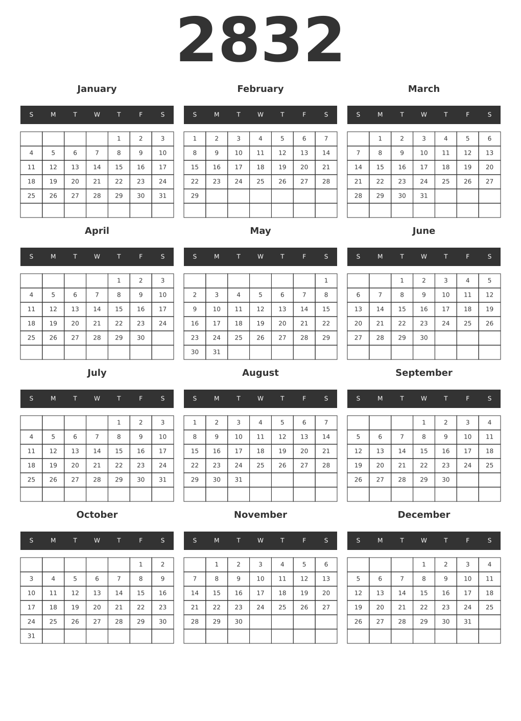 Printable 2832 Year Calendars dark