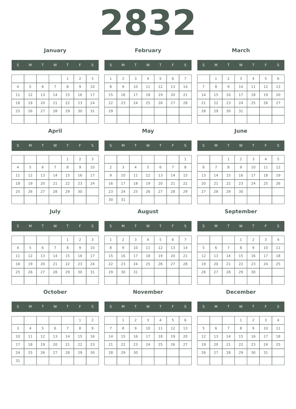 Printable 2832 Year Calendars feldgrau