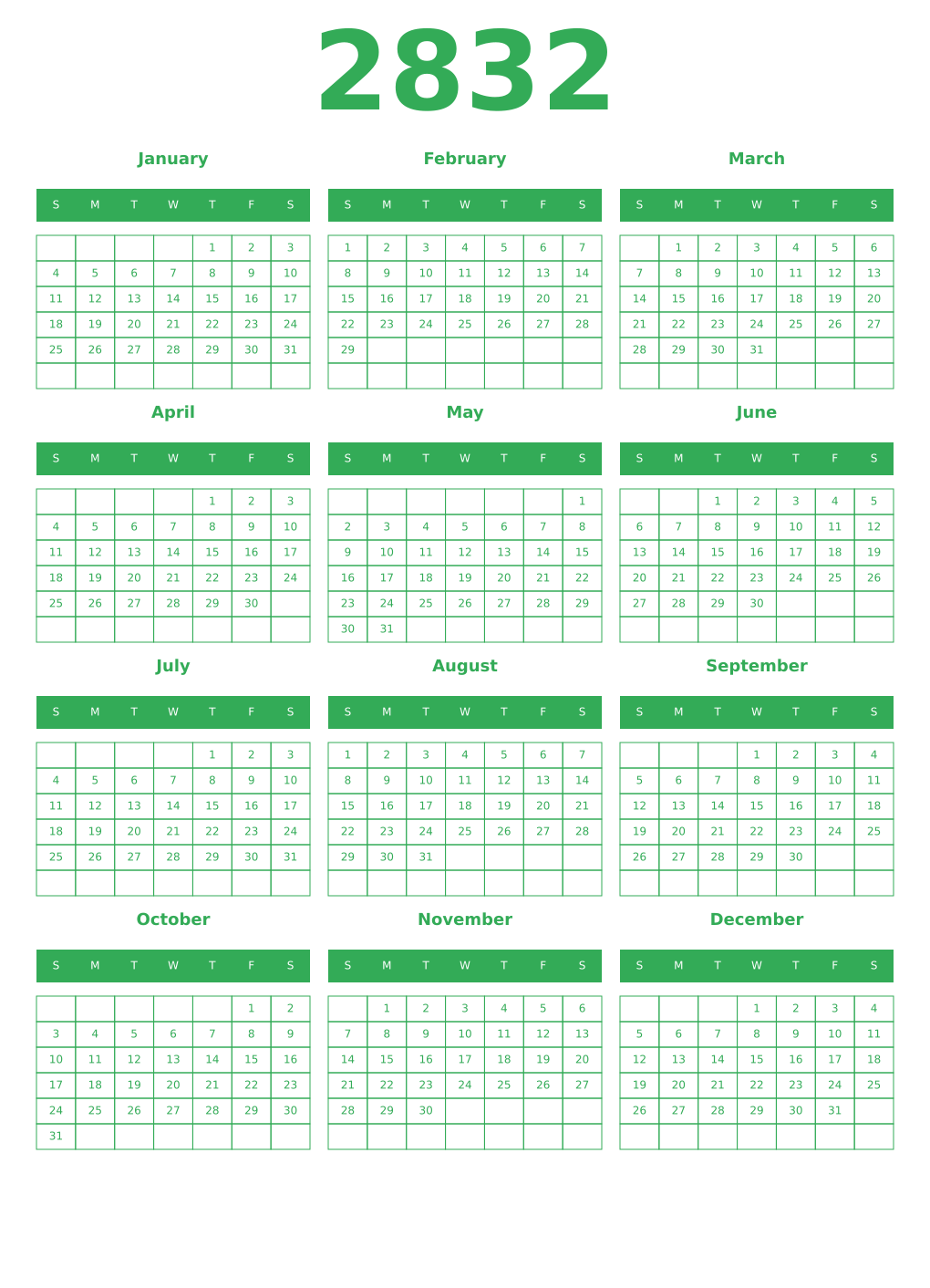 Printable 2832 Year Calendars green