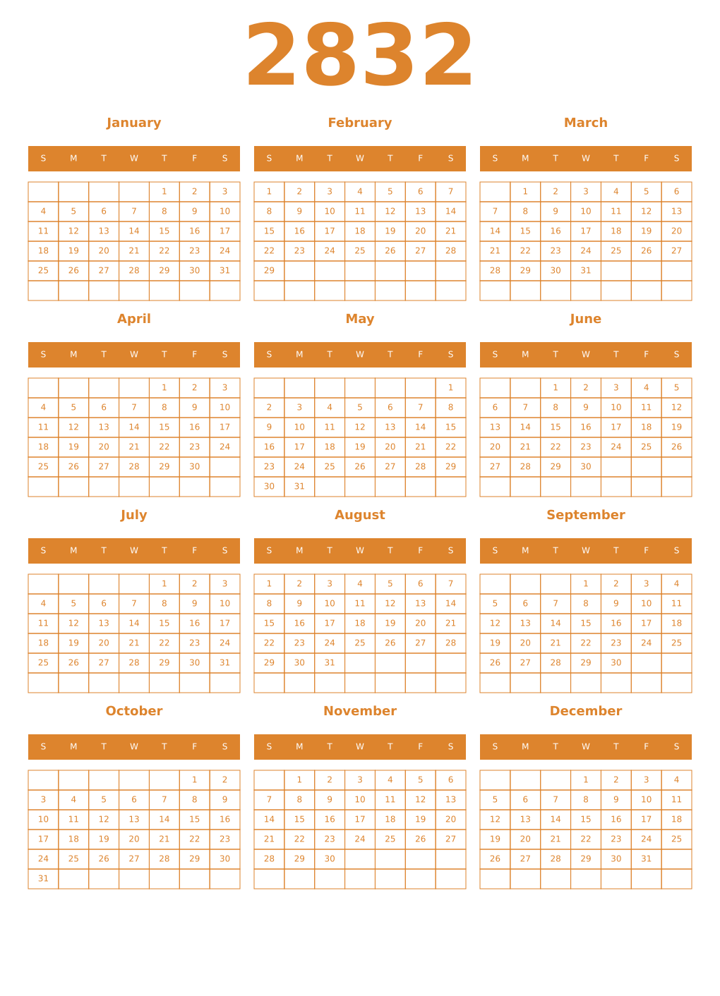 Printable 2832 Year Calendars orange