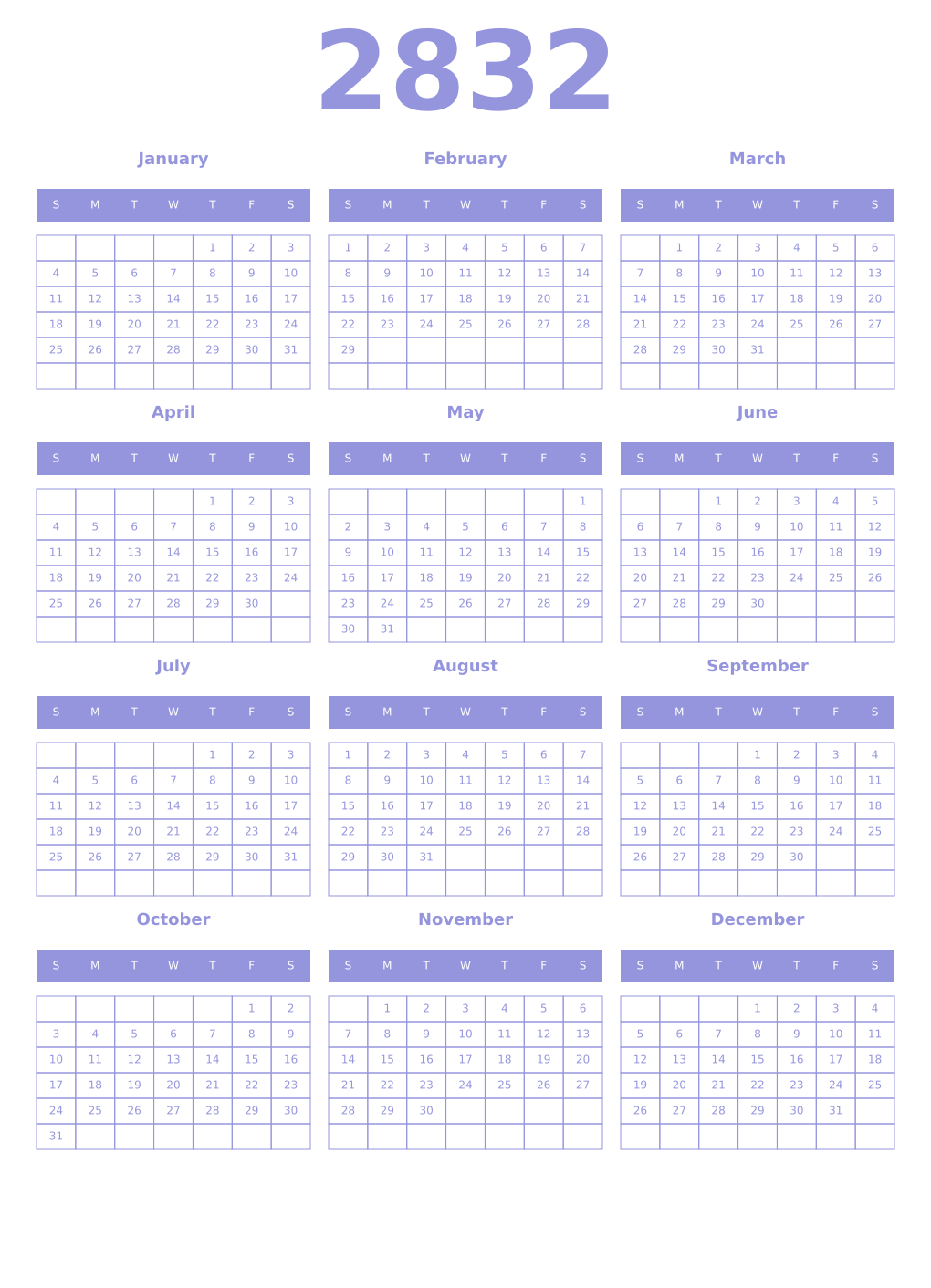 Printable 2832 Year Calendars periwinkle