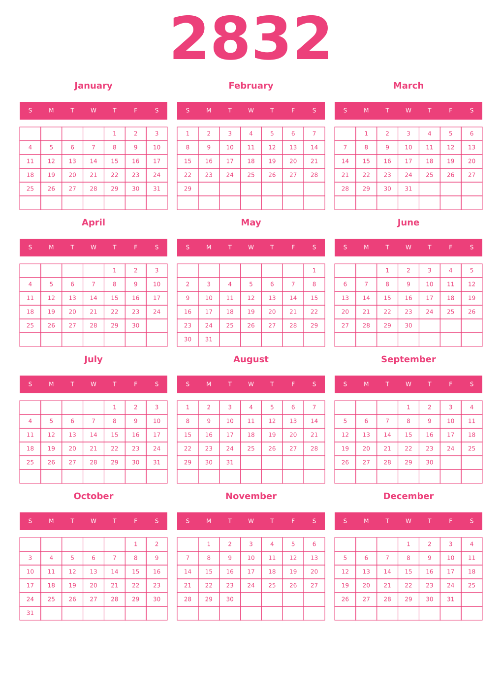 Printable 2832 Year Calendars pink