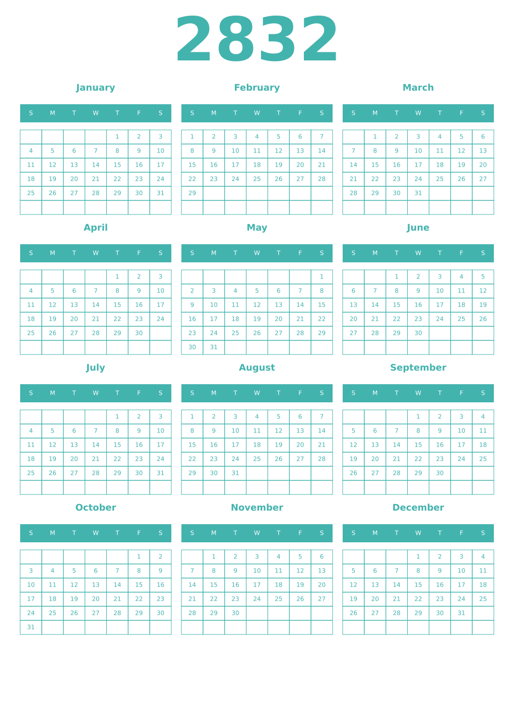 Printable 2832 Year Calendars verdigris