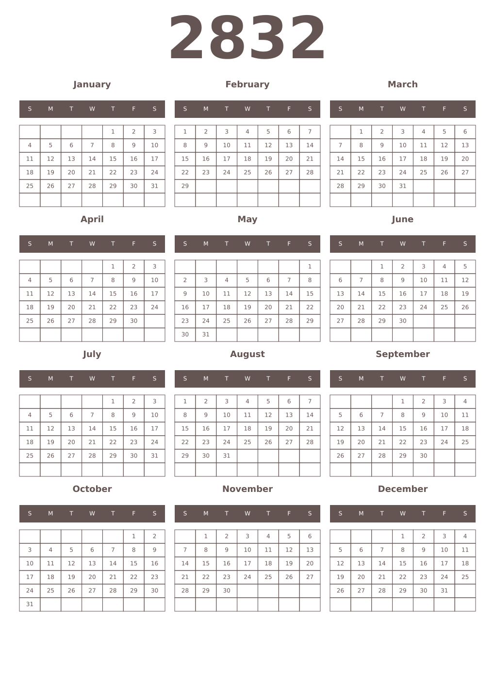 Printable 2832 Year Calendars wenge