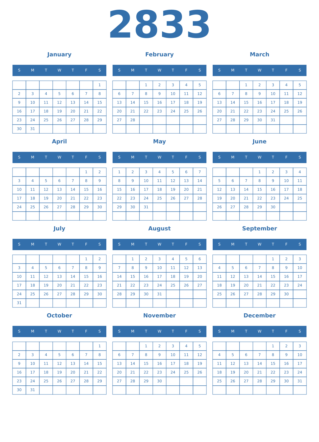Printable 2833 Year Calendars blue