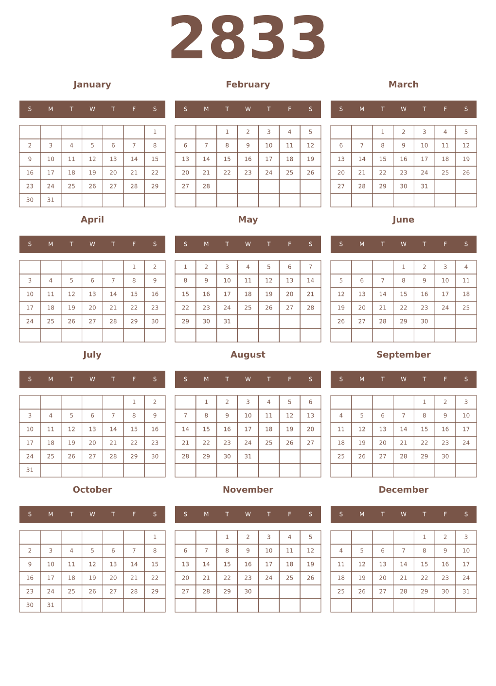Printable 2833 Year Calendars coffe
