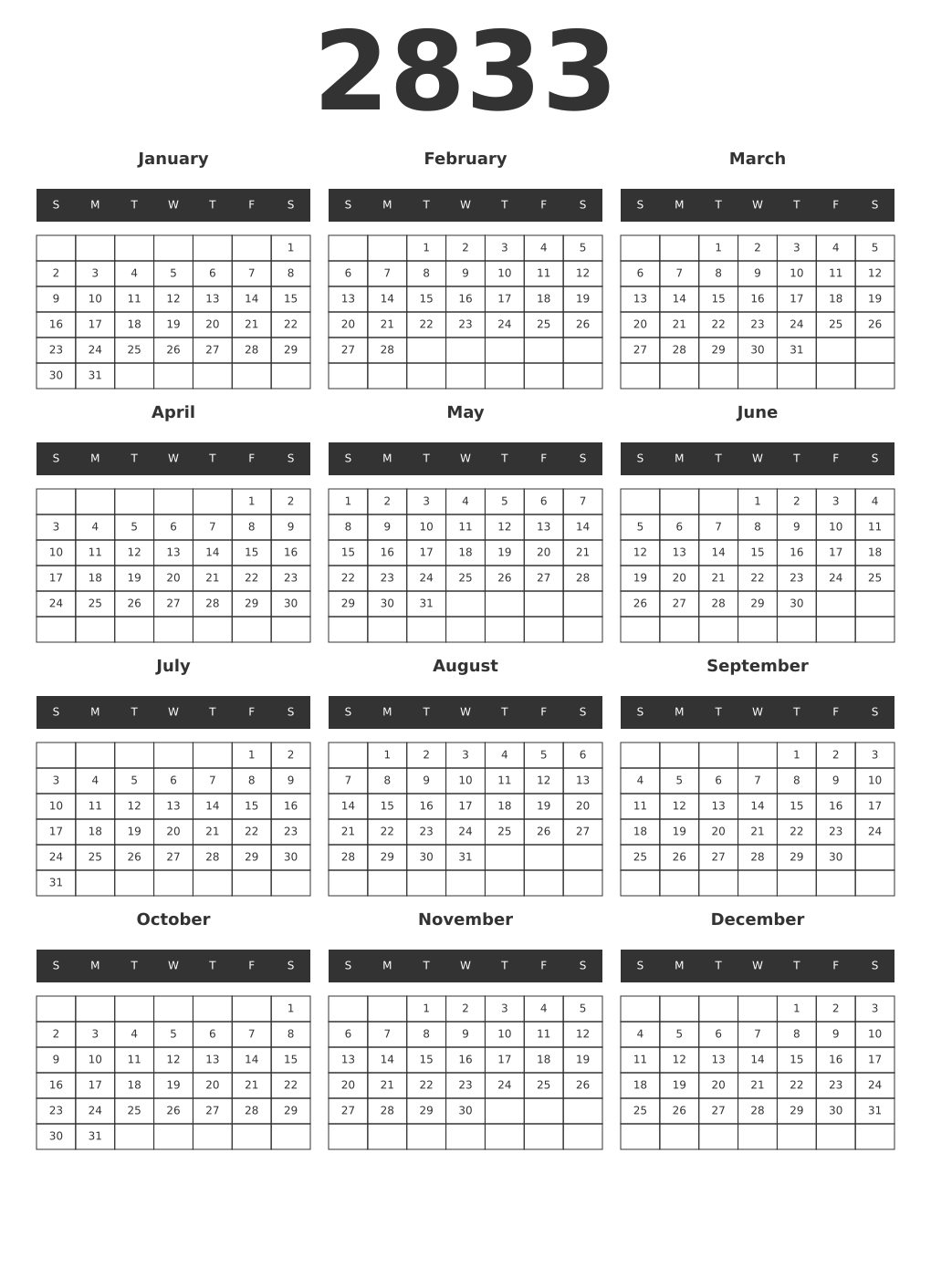 Printable 2833 Year Calendars dark