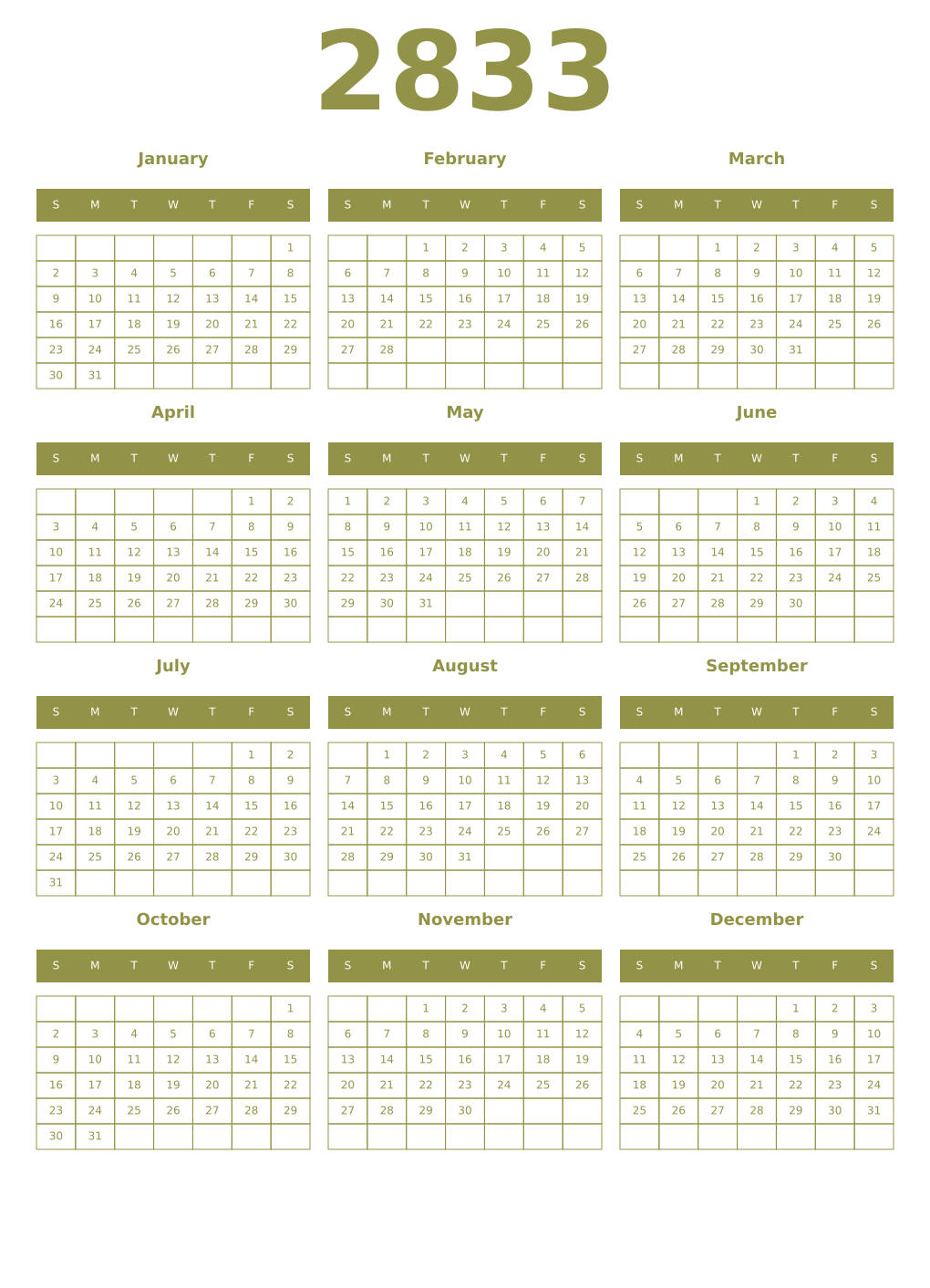 Printable 2833 Year Calendars eburnean