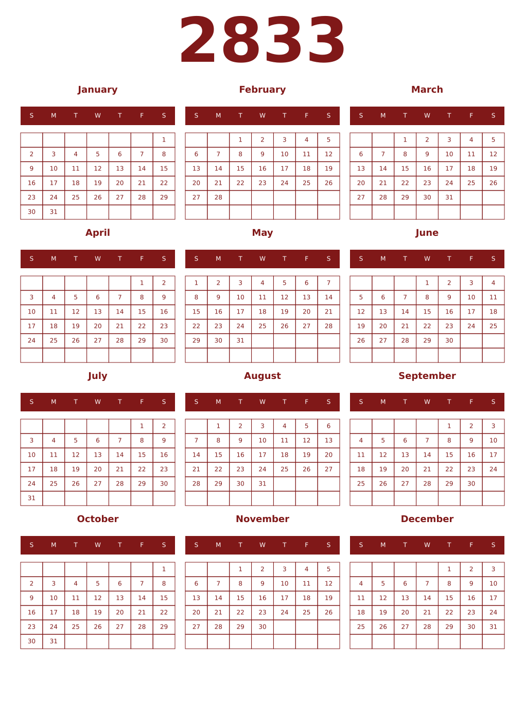 Printable 2833 Year Calendars falu