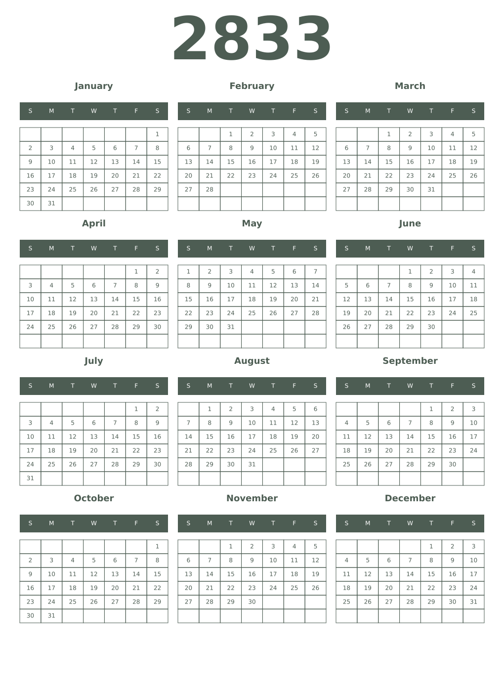 Printable 2833 Year Calendars feldgrau