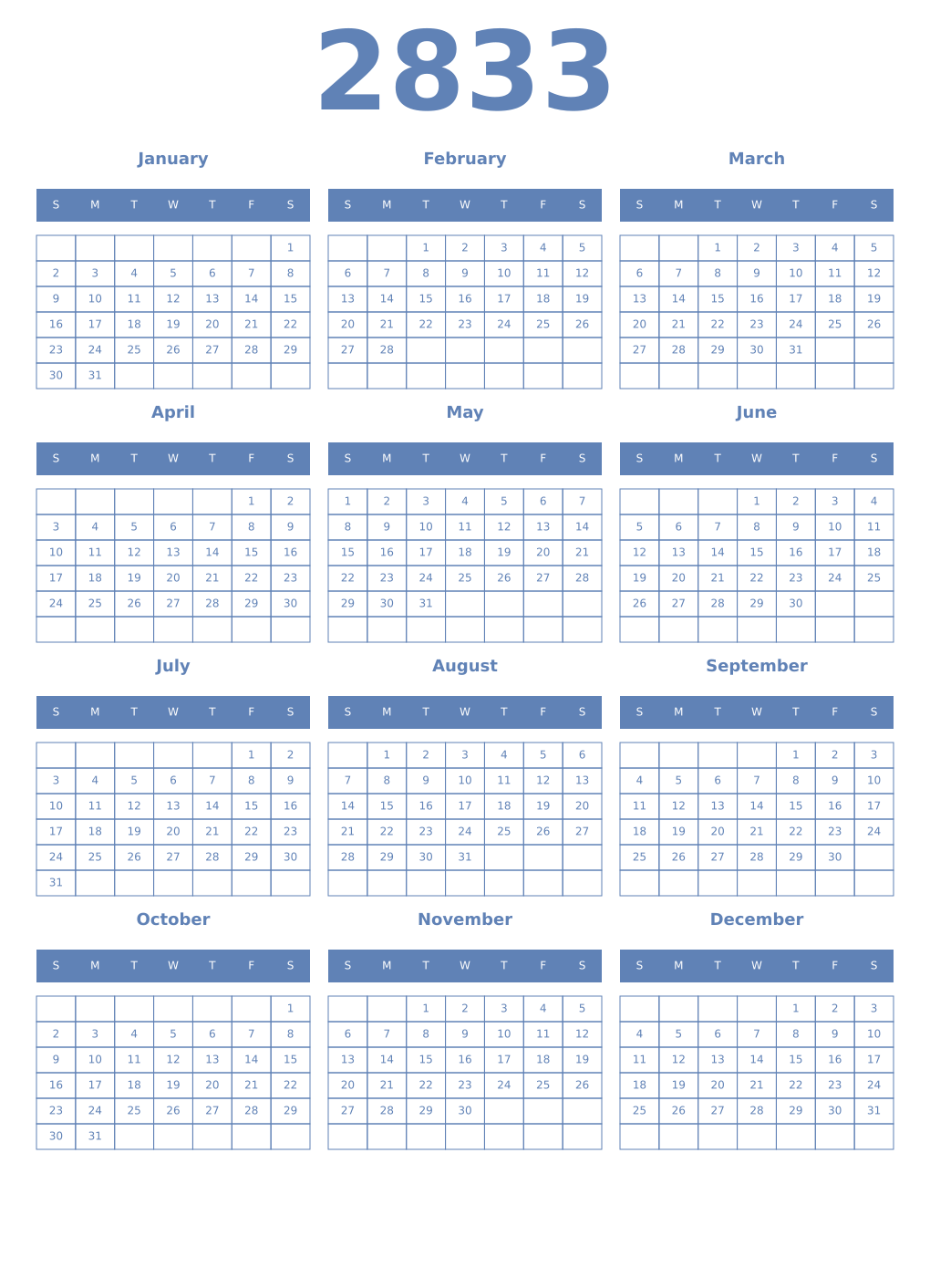 Printable 2833 Year Calendars glaucous