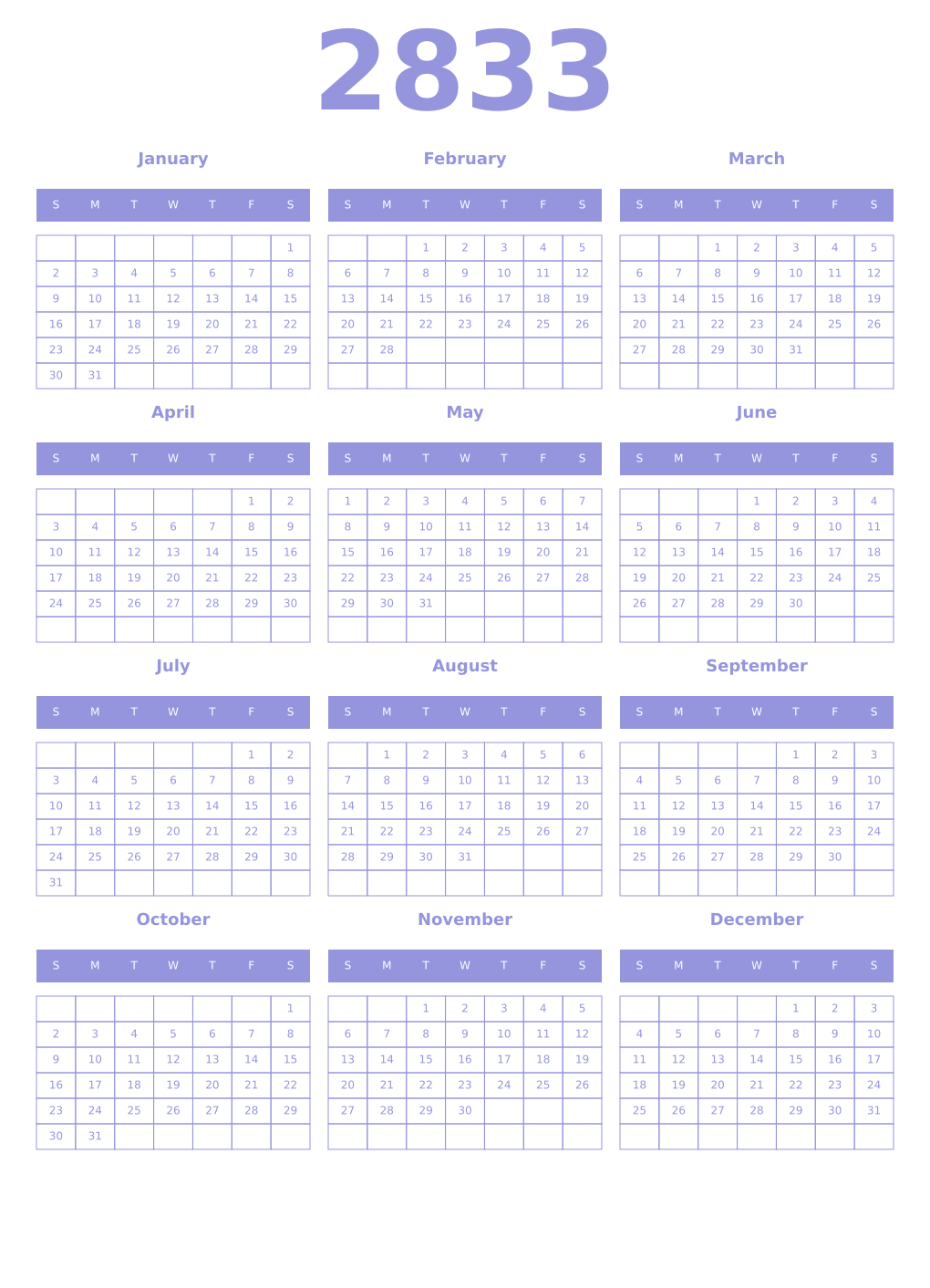 Printable 2833 Year Calendars periwinkle