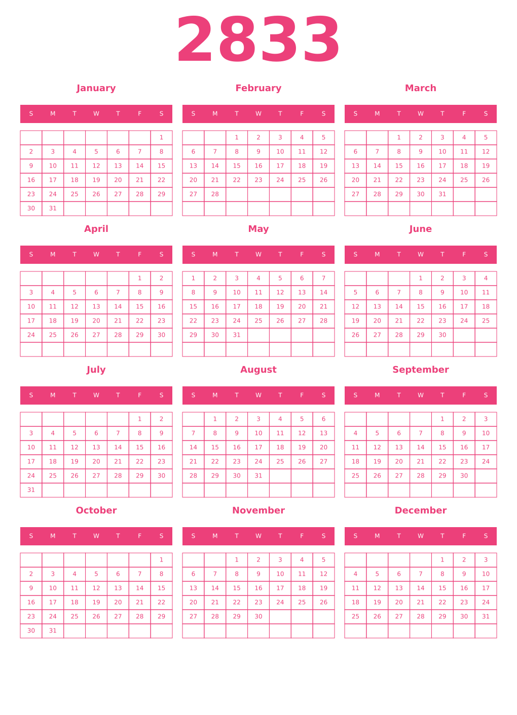 Printable 2833 Year Calendars pink