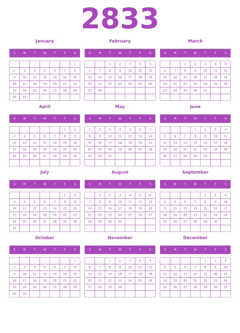 Printable 2833 Year Calendars purple