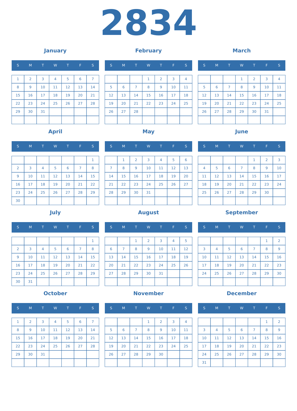 Printable 2834 Year Calendars blue