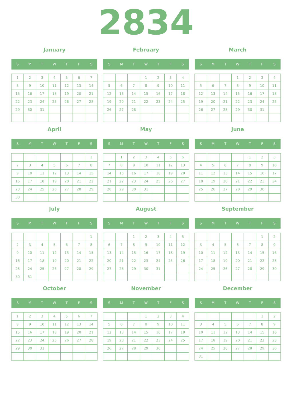Printable 2834 Year Calendars celadon