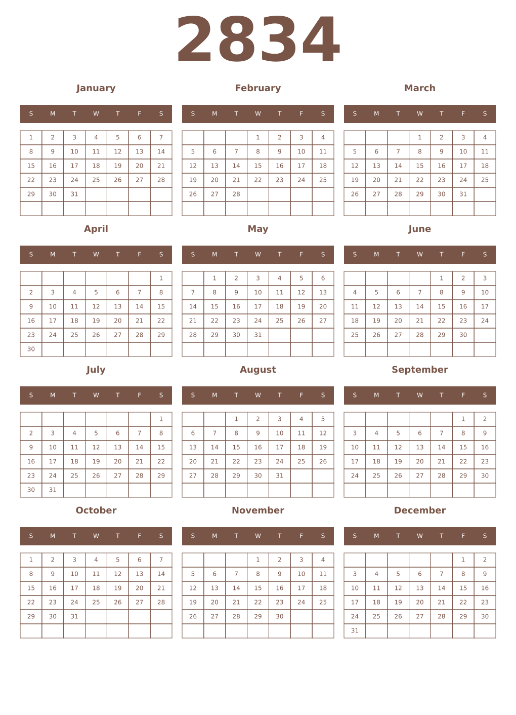Printable 2834 Year Calendars coffe