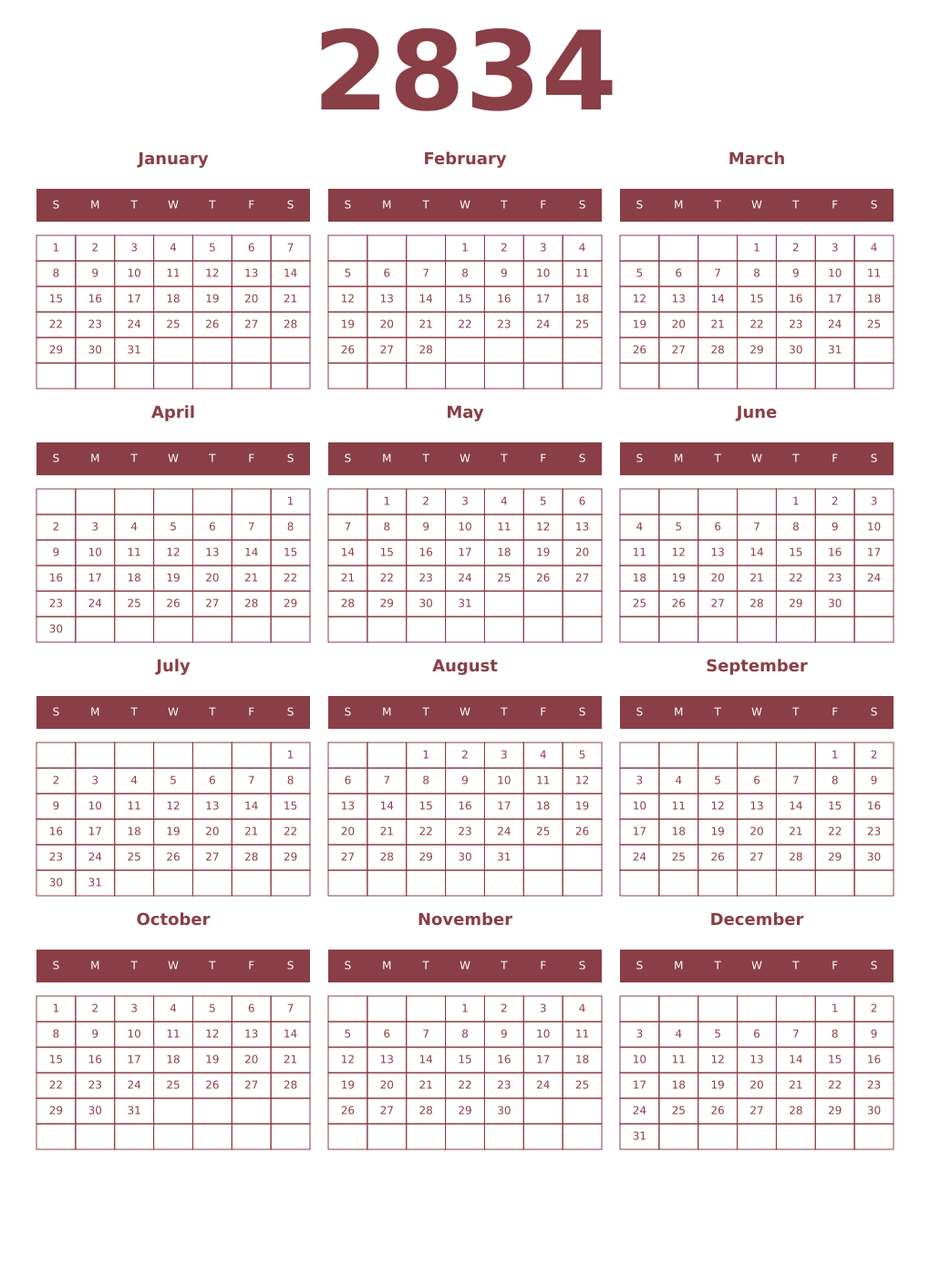 Printable 2834 Year Calendars cordovan