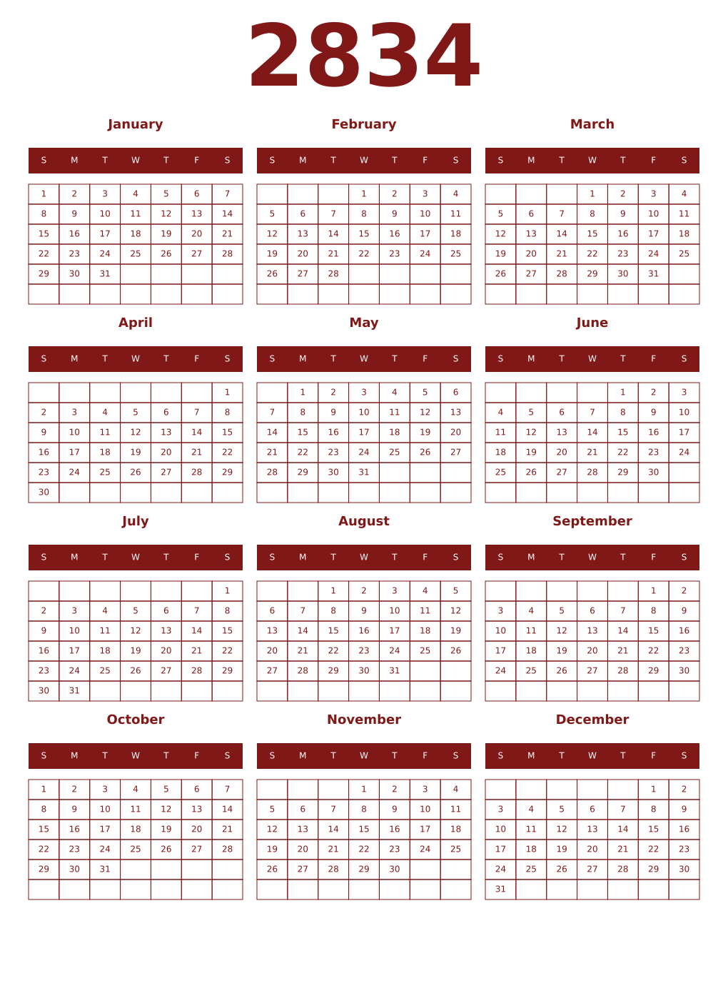 Printable 2834 Year Calendars falu