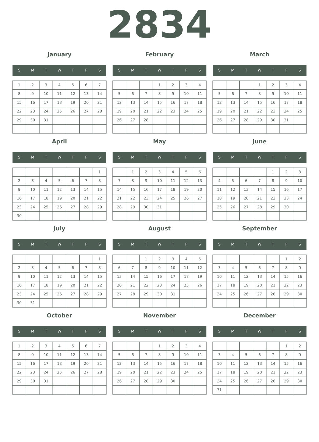 Printable 2834 Year Calendars feldgrau