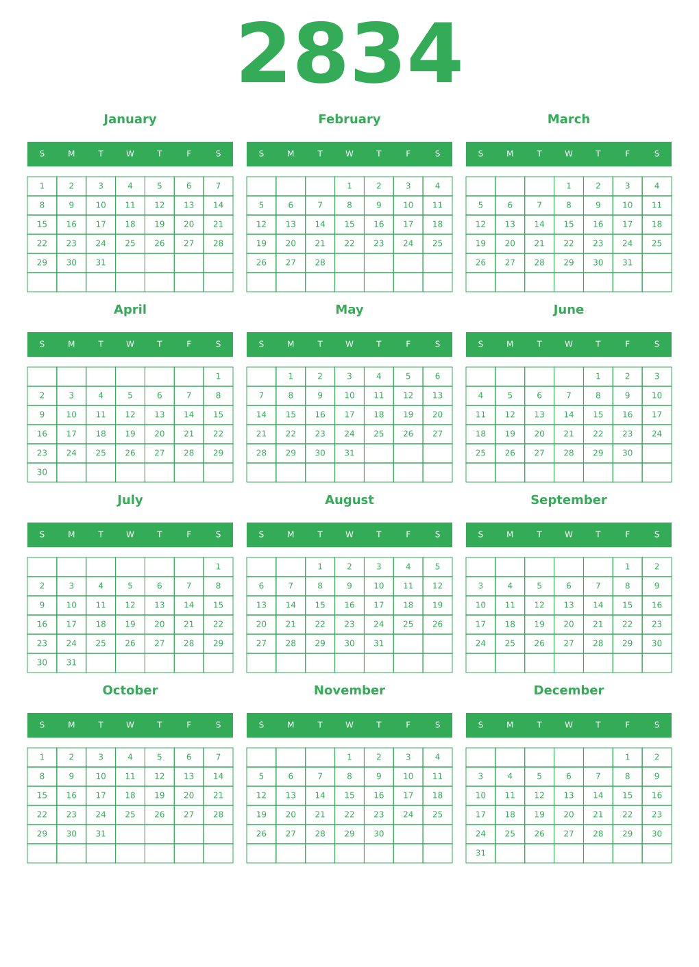 Printable 2834 Year Calendars green