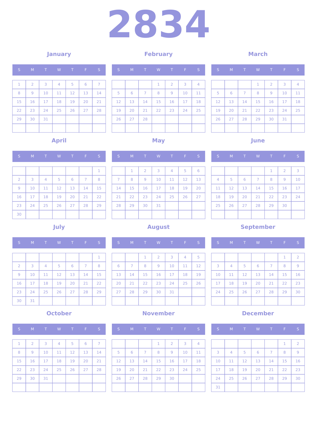 Printable 2834 Year Calendars periwinkle