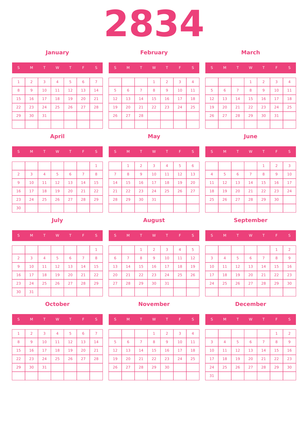 Printable 2834 Year Calendars pink