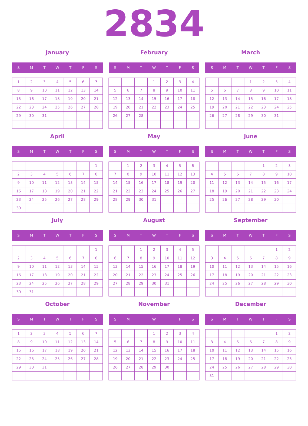 Printable 2834 Year Calendars purple