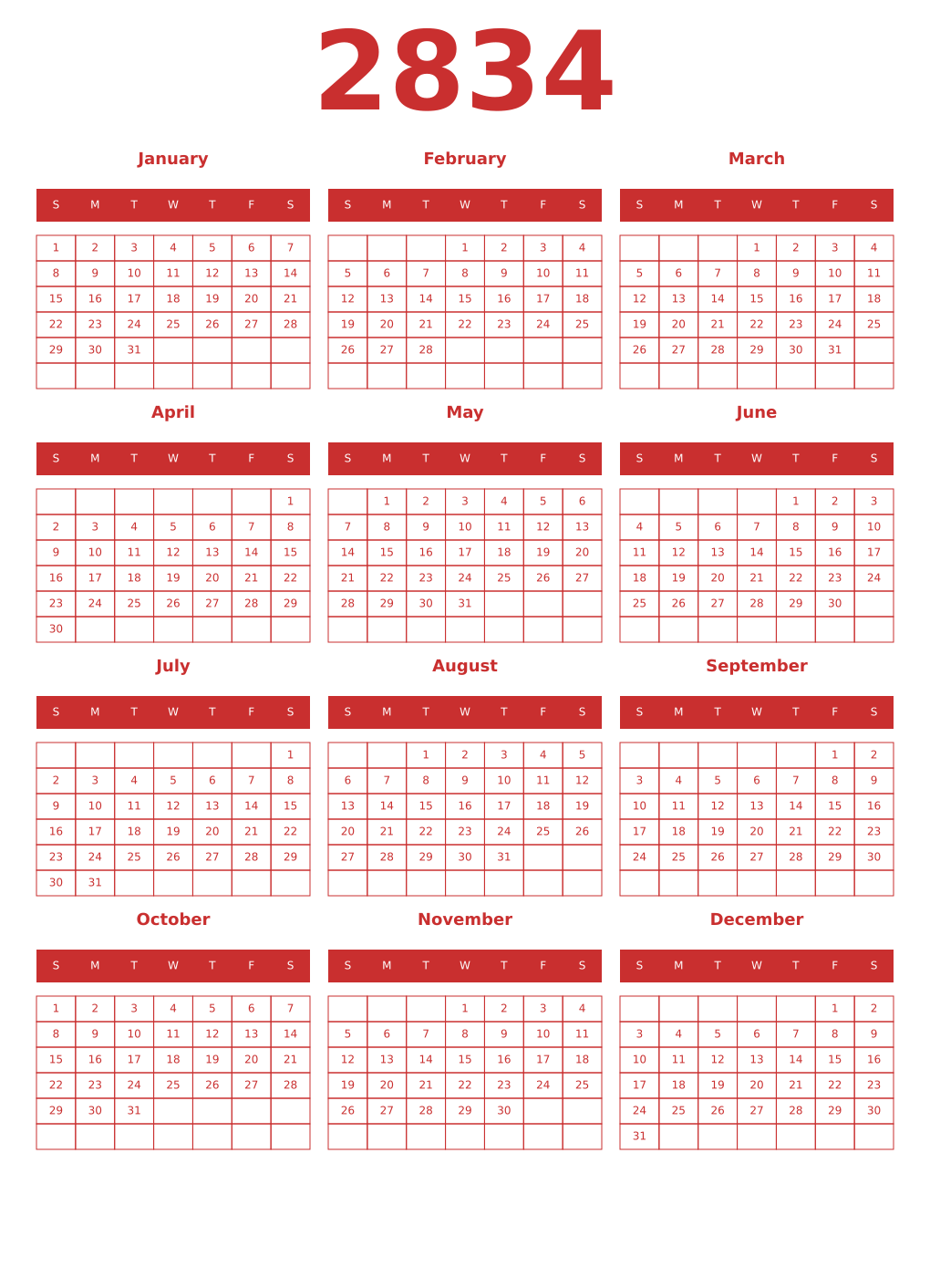 Printable 2834 Year Calendars red