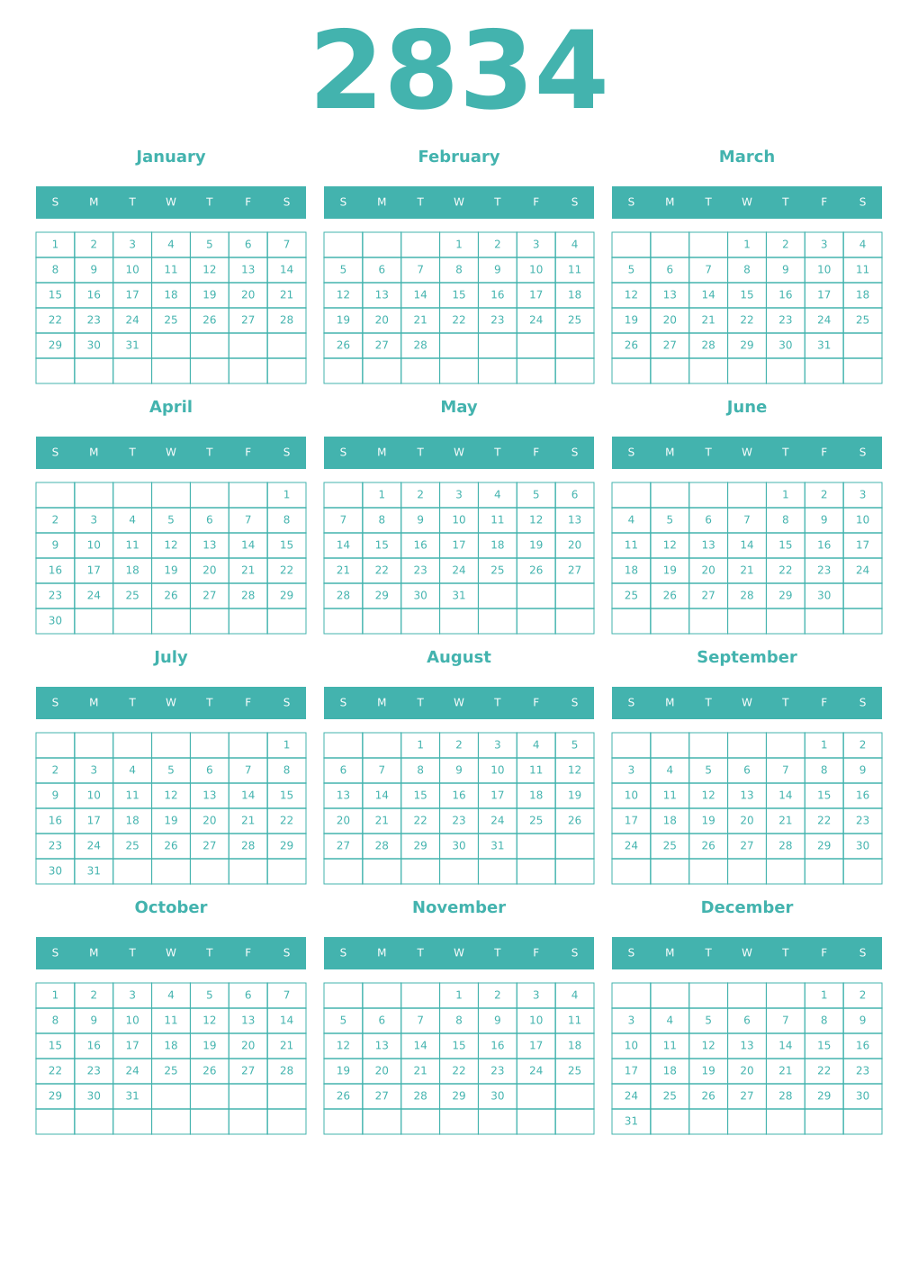Printable 2834 Year Calendars verdigris