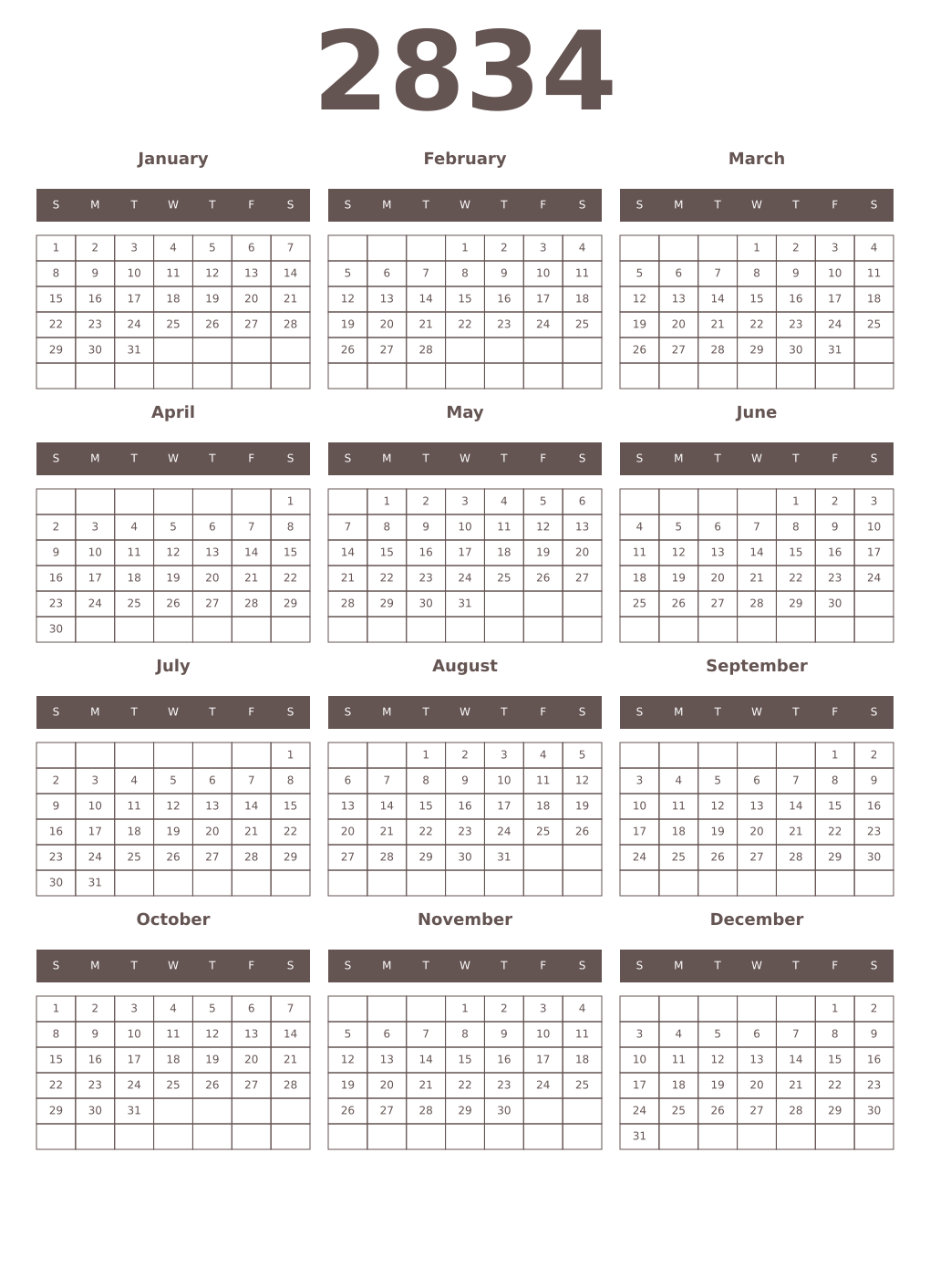 Printable 2834 Year Calendars wenge