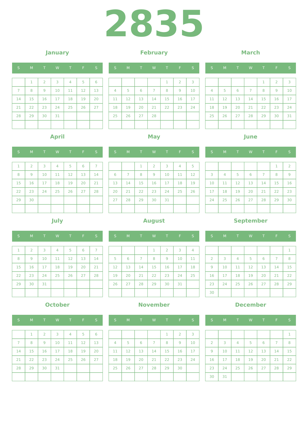 Printable 2835 Year Calendars celadon