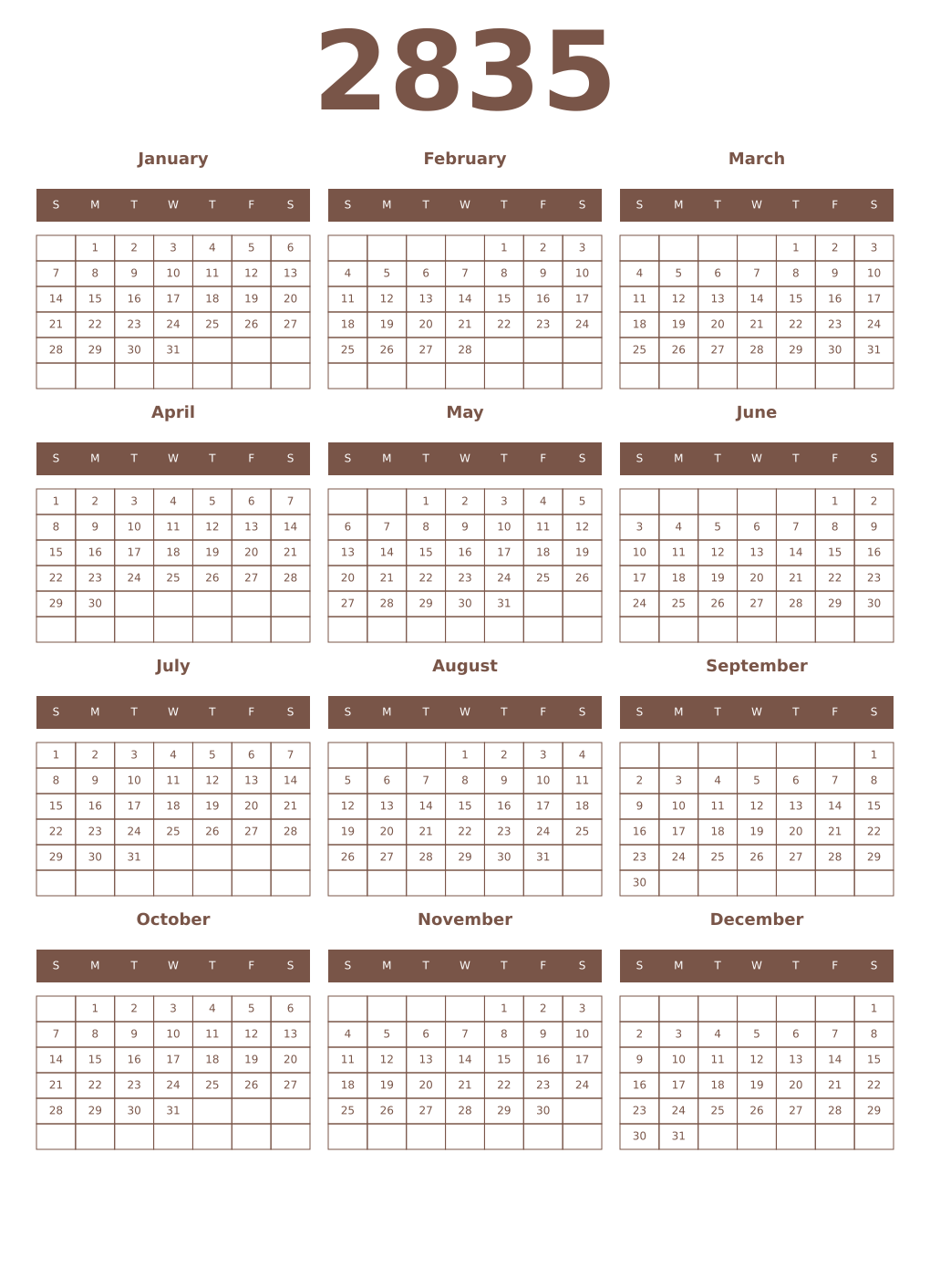 Printable 2835 Year Calendars coffe