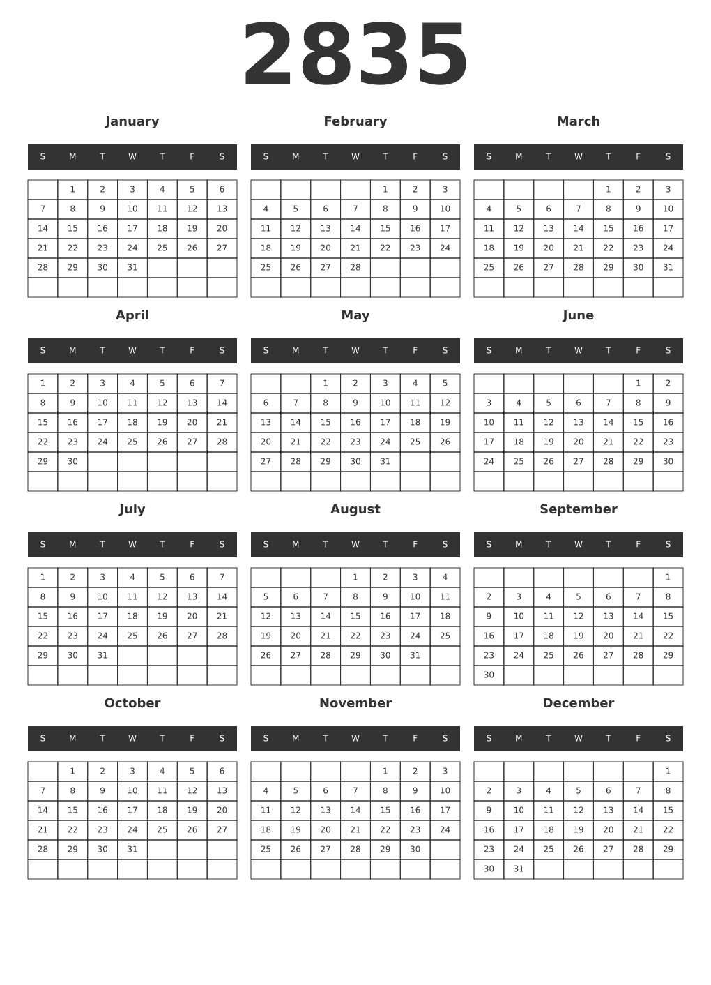Printable 2835 Year Calendars dark
