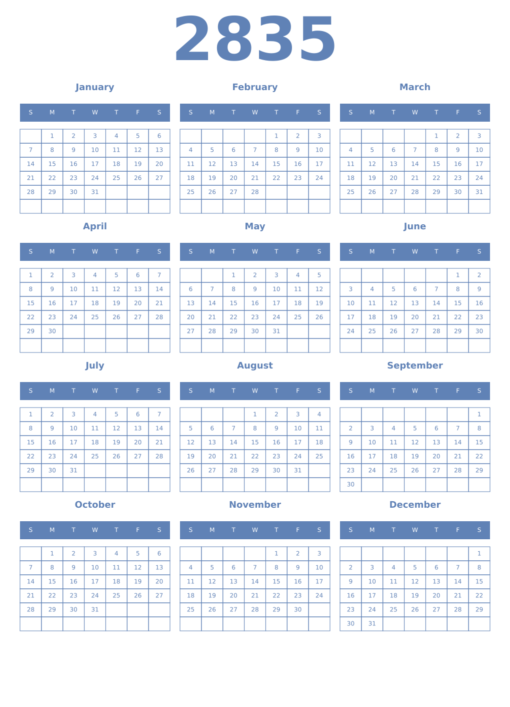 Printable 2835 Year Calendars glaucous
