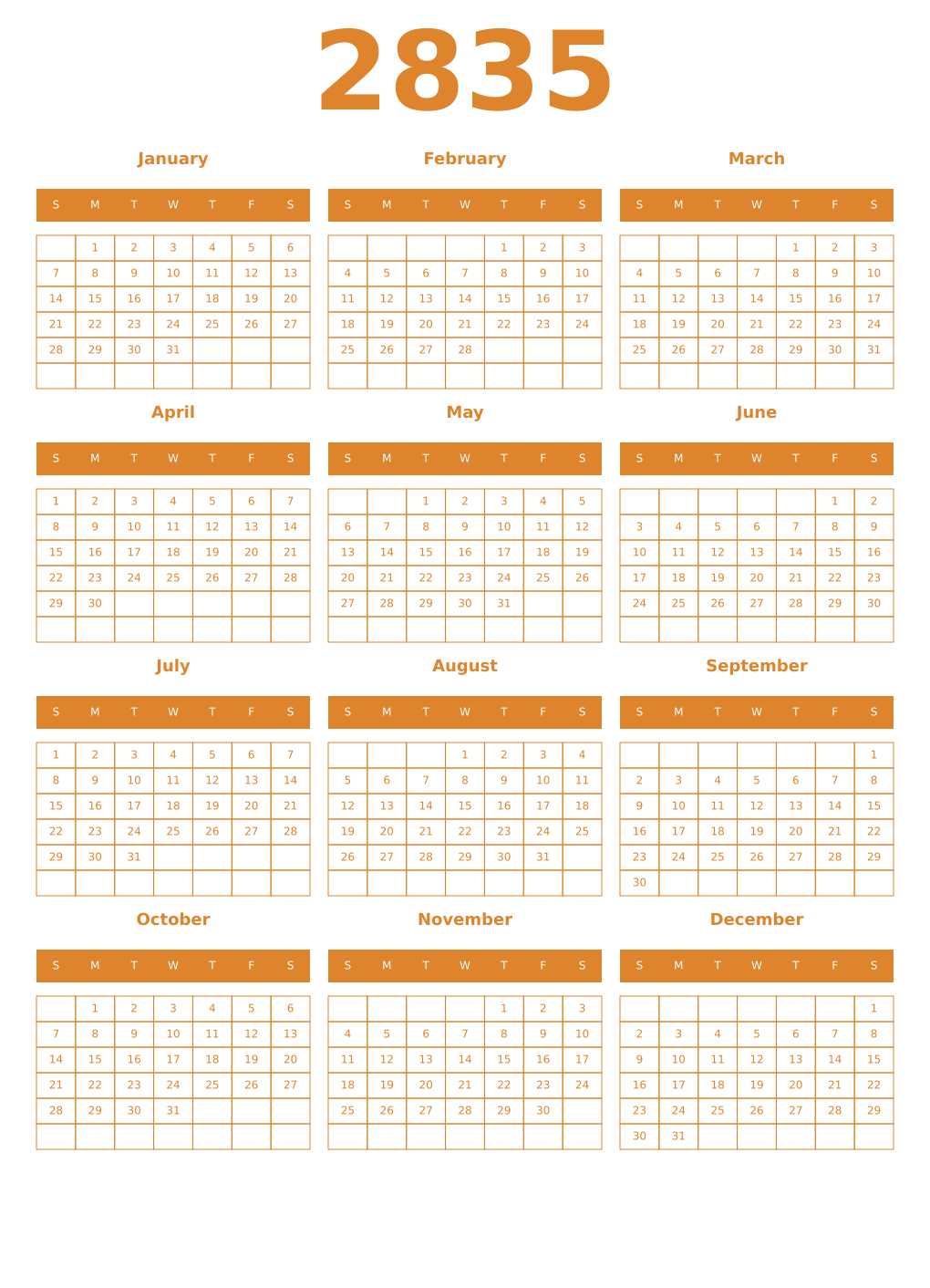 Printable 2835 Year Calendars orange