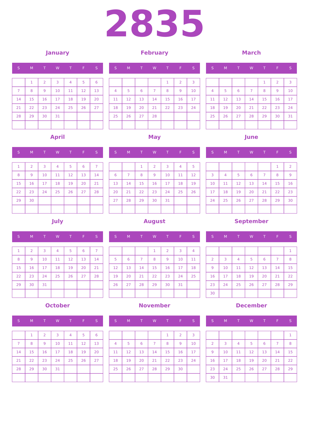 Printable 2835 Year Calendars purple