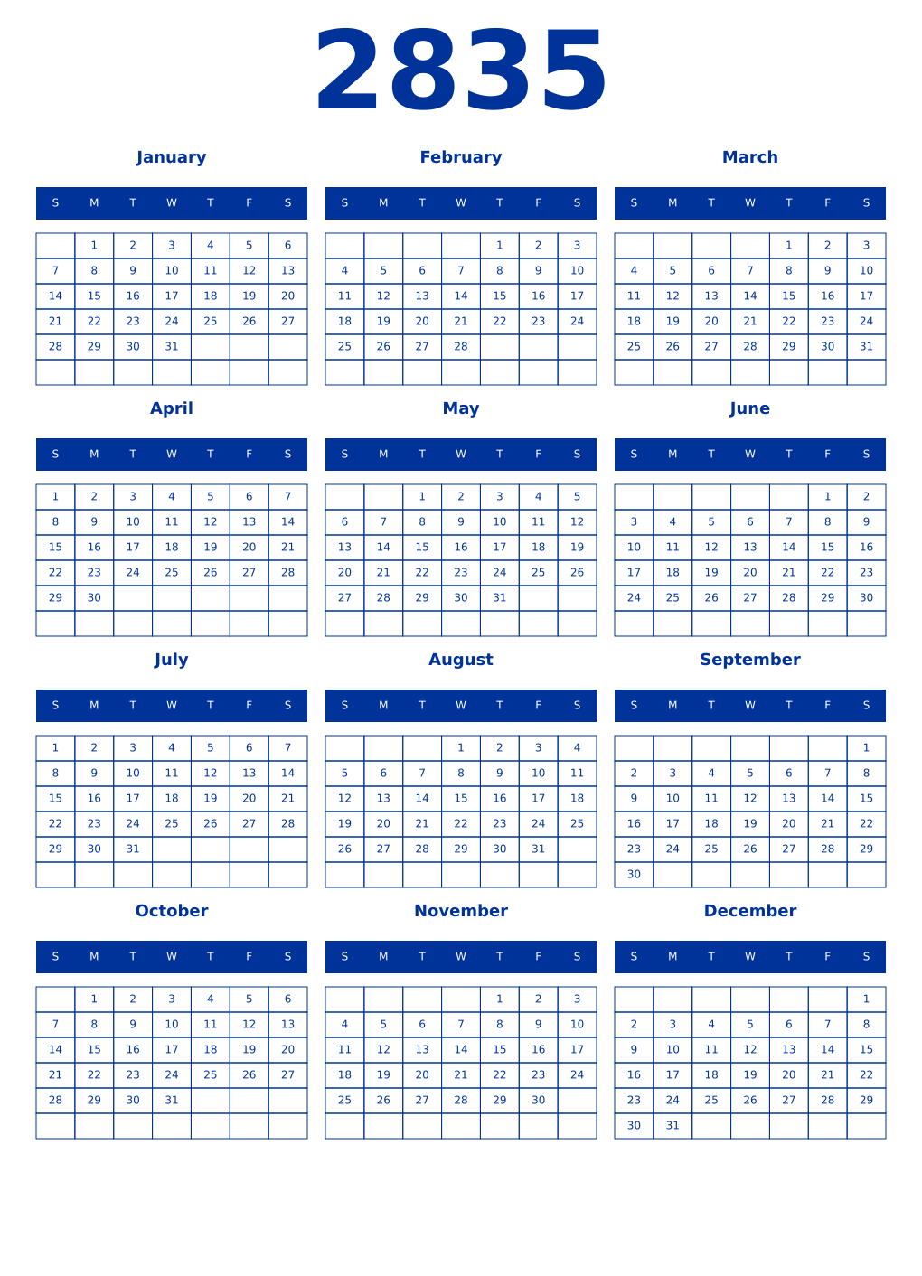 Printable 2835 Year Calendars smalt