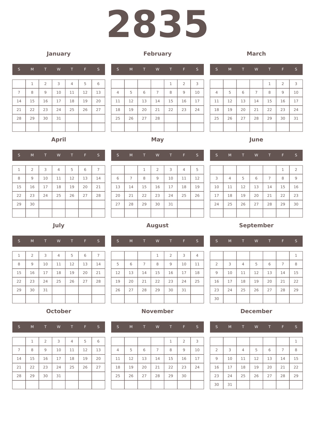 Printable 2835 Year Calendars wenge