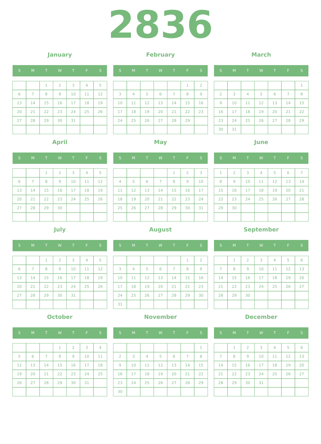 Printable 2836 Year Calendars celadon