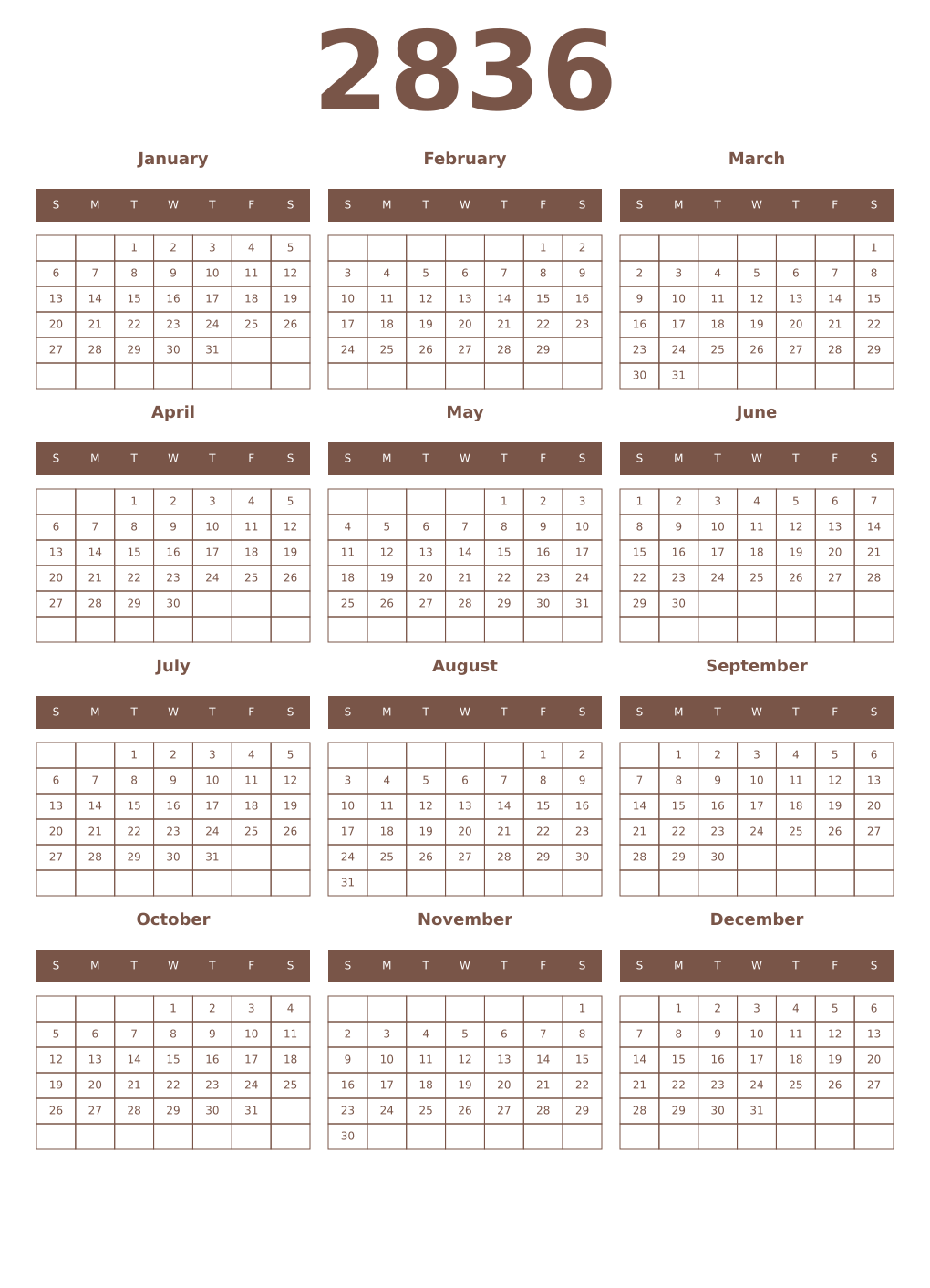 Printable 2836 Year Calendars coffe