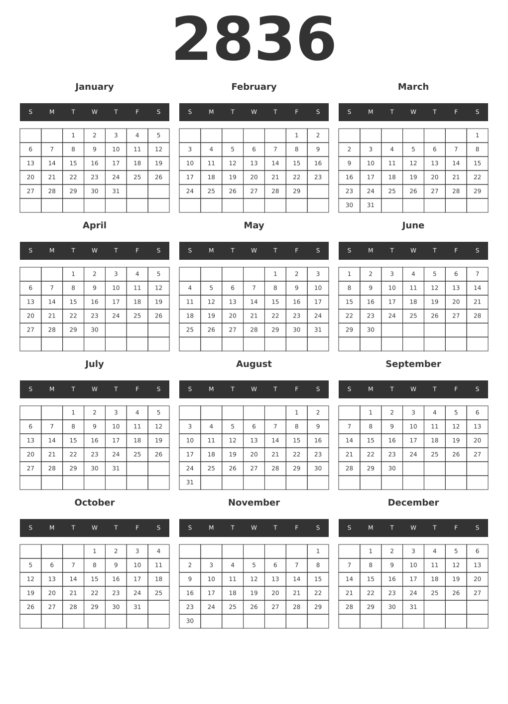 Printable 2836 Year Calendars dark