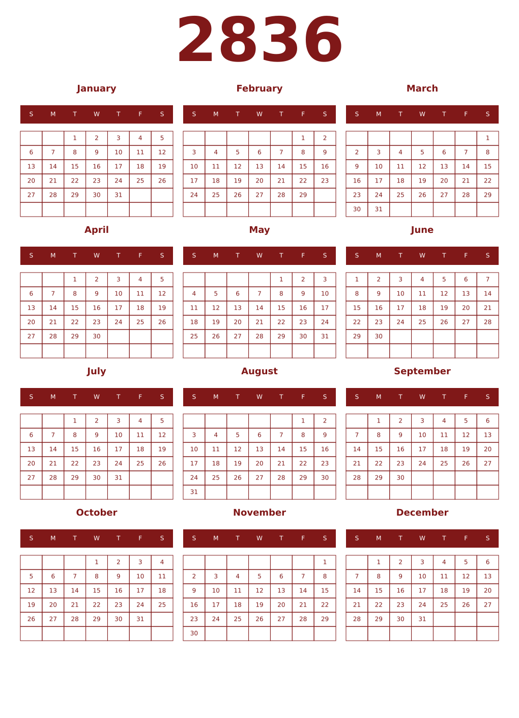 Printable 2836 Year Calendars falu