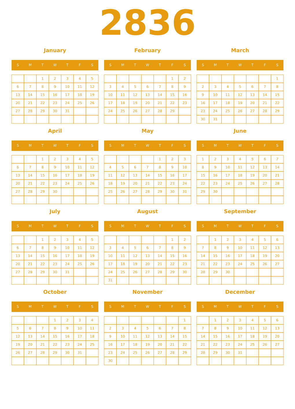 Printable 2836 Year Calendars gamboge