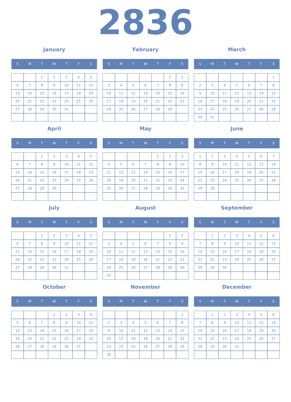 Printable 2836 Year Calendars glaucous