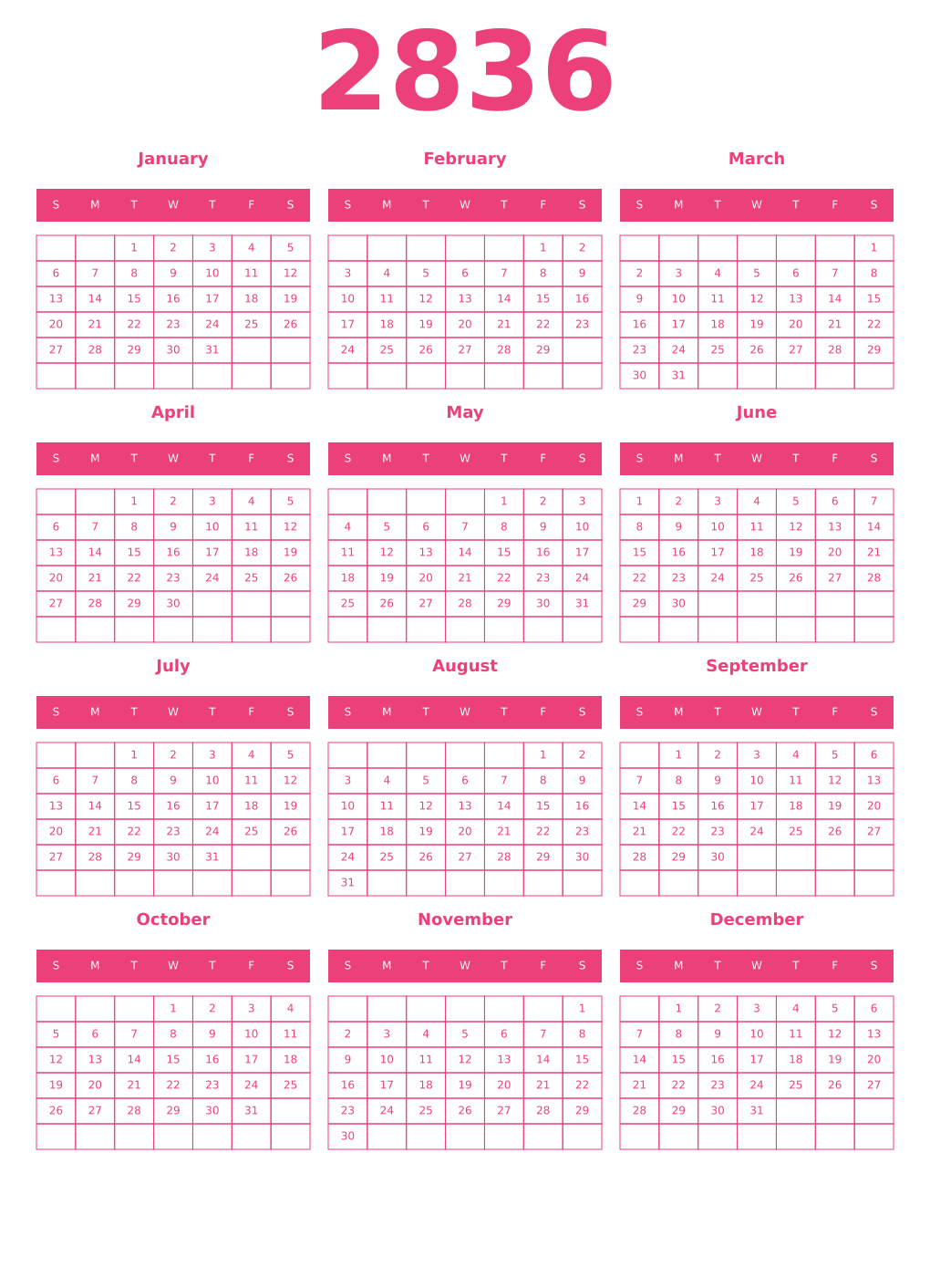 Printable 2836 Year Calendars pink