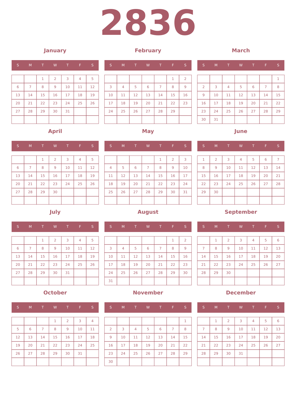 Printable 2836 Year Calendars puce
