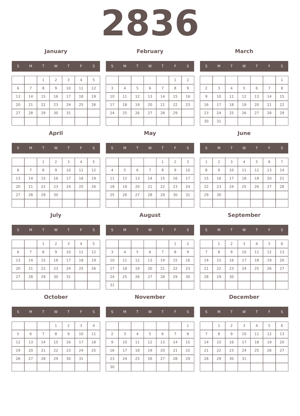 Printable 2836 Year Calendars wenge